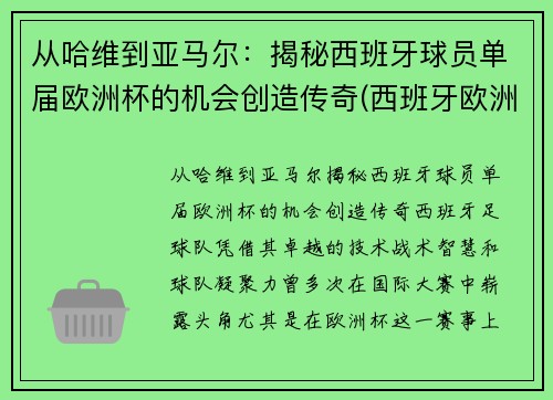 从哈维到亚马尔：揭秘西班牙球员单届欧洲杯的机会创造传奇(西班牙欧洲杯名单公布)