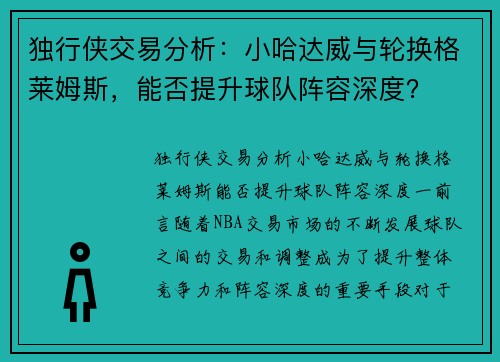 独行侠交易分析：小哈达威与轮换格莱姆斯，能否提升球队阵容深度？